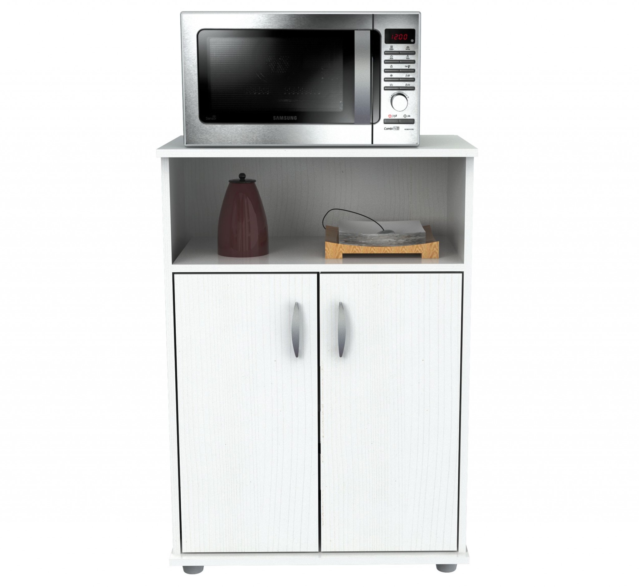 White Finish Wood Microwave Cart with Cabinet - Image 3