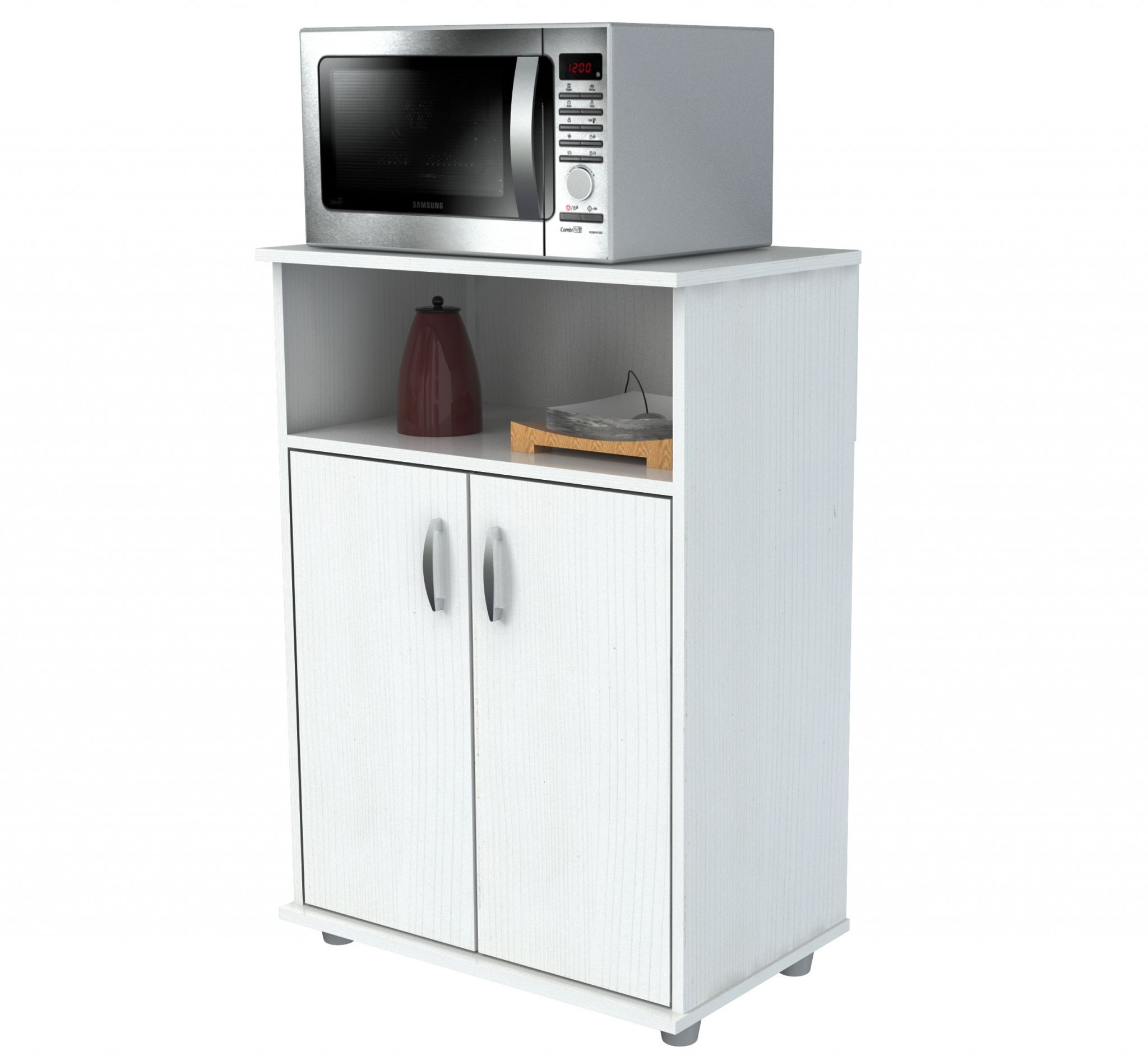 White Finish Wood Microwave Cart with Cabinet - Image 4
