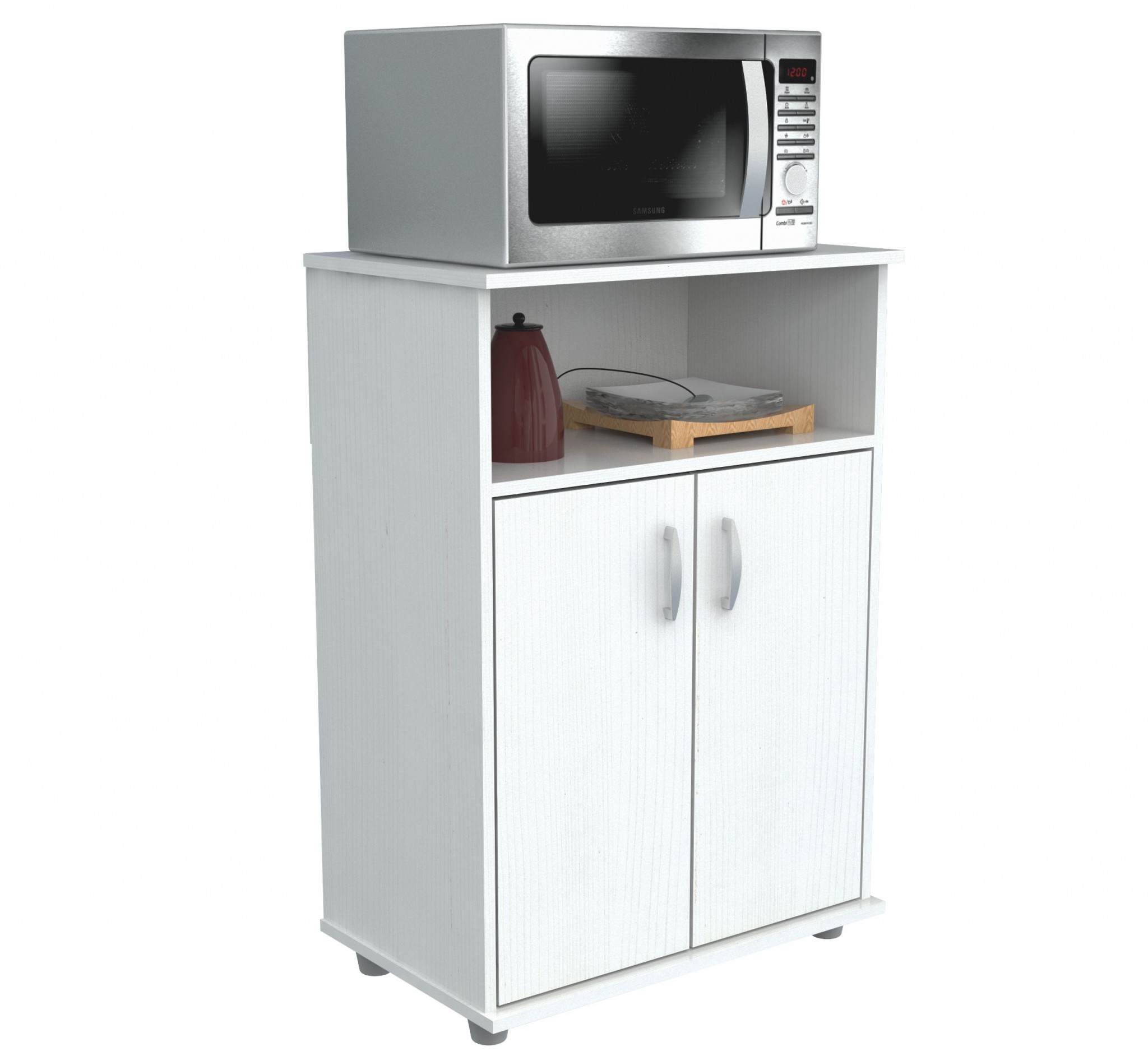 White Finish Wood Microwave Cart with Cabinet - Image 5