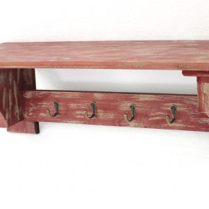 8 x 30 x 9.75 Red Vintage Wooden 4 Metal Hooks - Wall Shelf