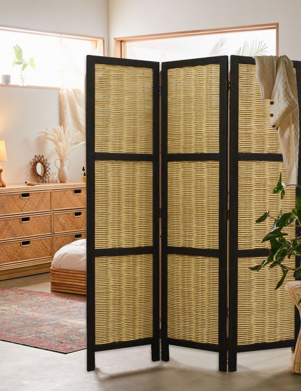 Dark Brown and Natural Willow 3 Panel Room Divider Screen - Image 3