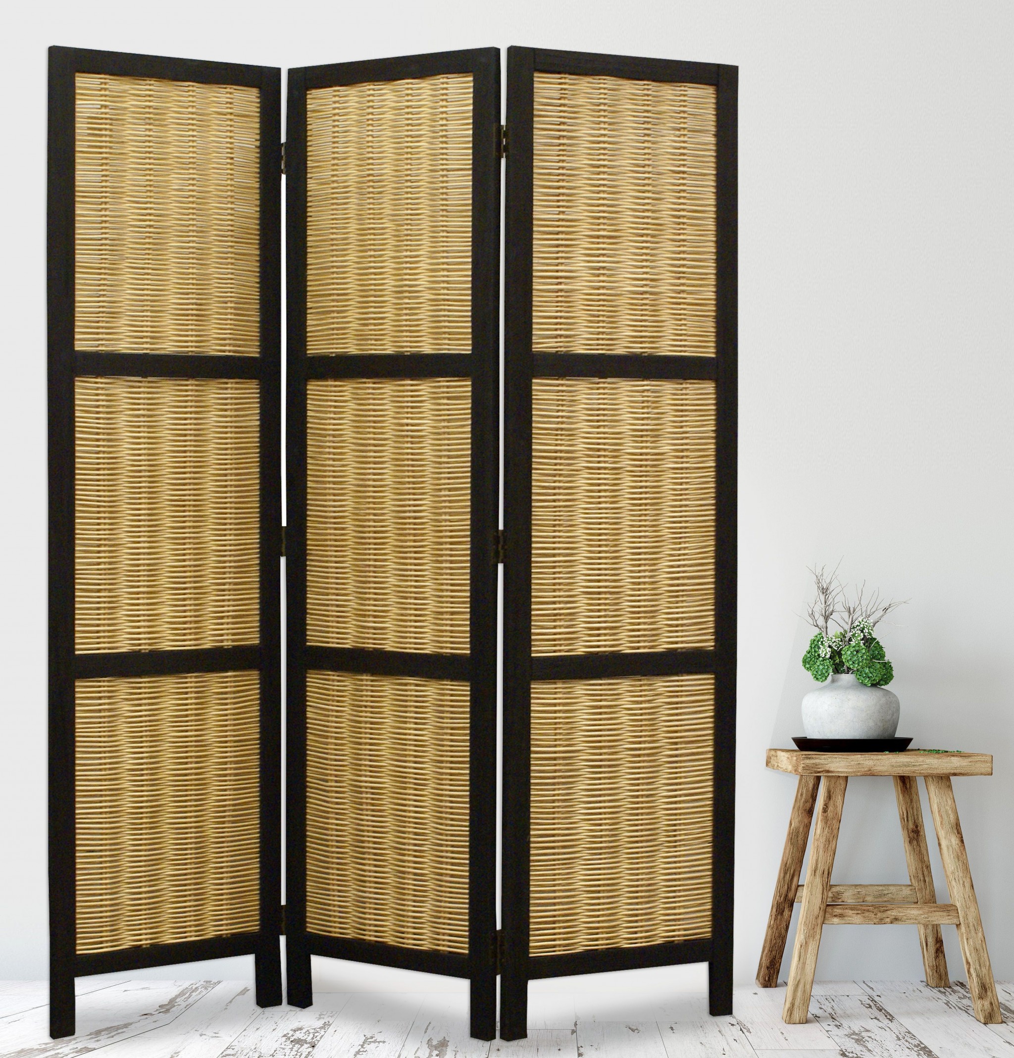 Dark Brown and Natural Willow 3 Panel Room Divider Screen - Image 5