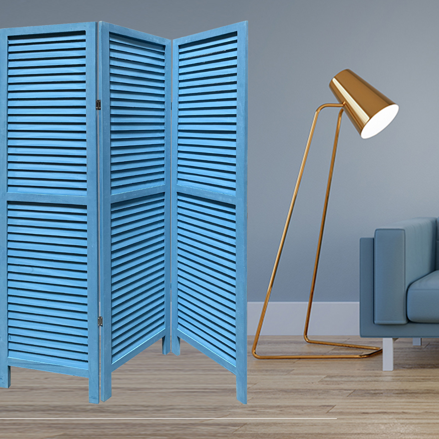 Blue Finish Wood Shutter 3 Panel Room Divider Screen - Image 4