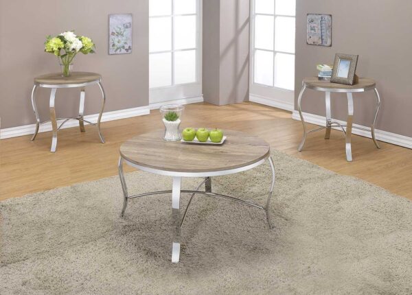 19" X 35" X 19" 3Pc Weathered Light Oak And Chrome Pack Coffee And End Set