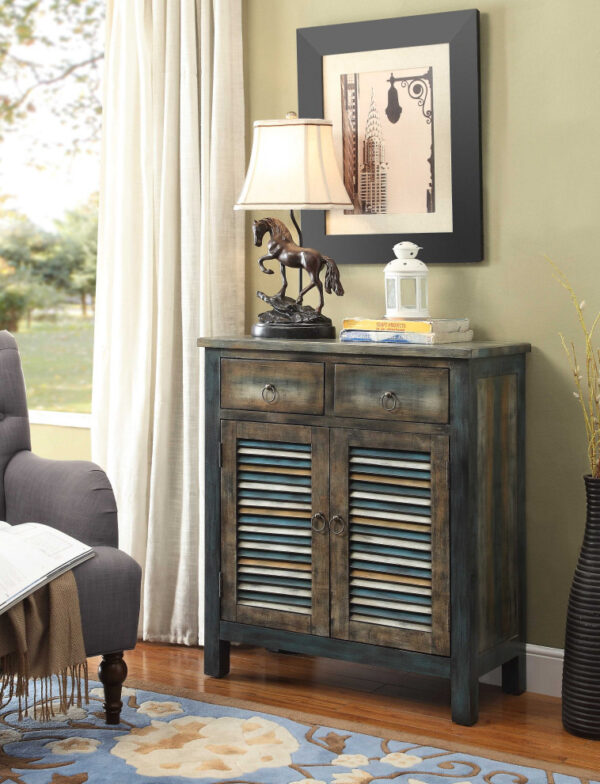 32" X 15" X 35" Antique Oak And Teal Wooden Console Table - Image 2