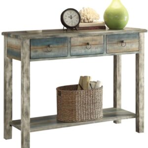 42" X 16" X 32" Antique White And Teal Wooden Console Table