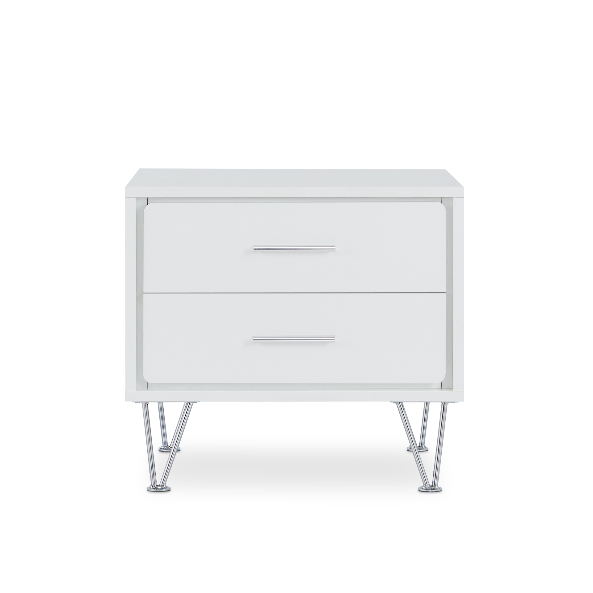 White Wooden 2-Drawer Chrome Nightstand