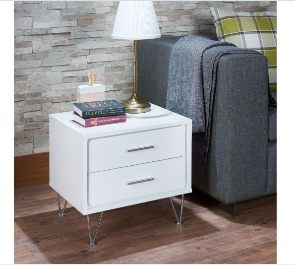 White Wooden 2-Drawer Chrome Nightstand - Image 4