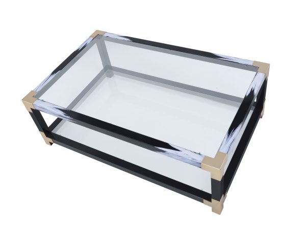 54" X 18" X 34" White Brushed Black Gold And Clear Glass Coffee Table - Image 2