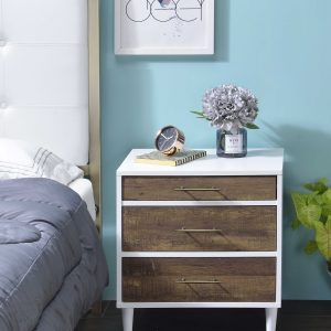 White and Distressed Oak Three Drawer Nightstand