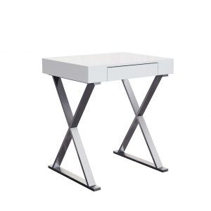 Desk Small High Gloss White One Drawer Stainless Steel Base