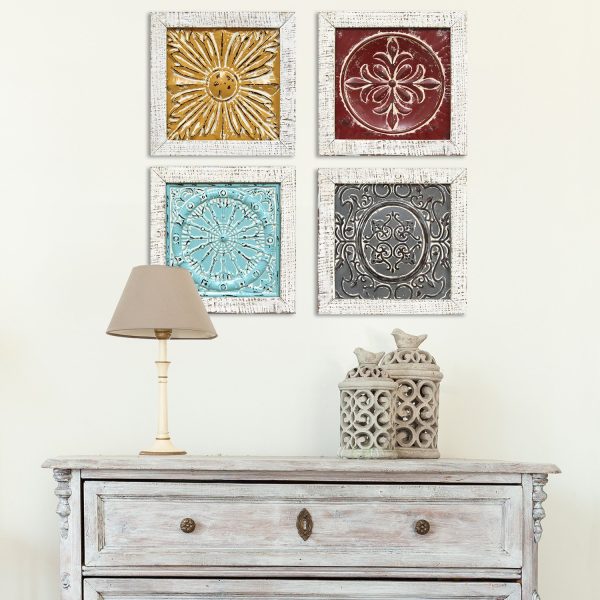 Set of 4 Distressed Medallion Metal and Wood Framed Wall Art - Image 2