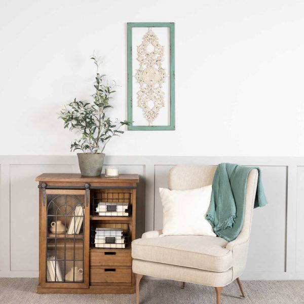 Distressed White and Turquoise Framed Scroll Metal Panel - Image 2