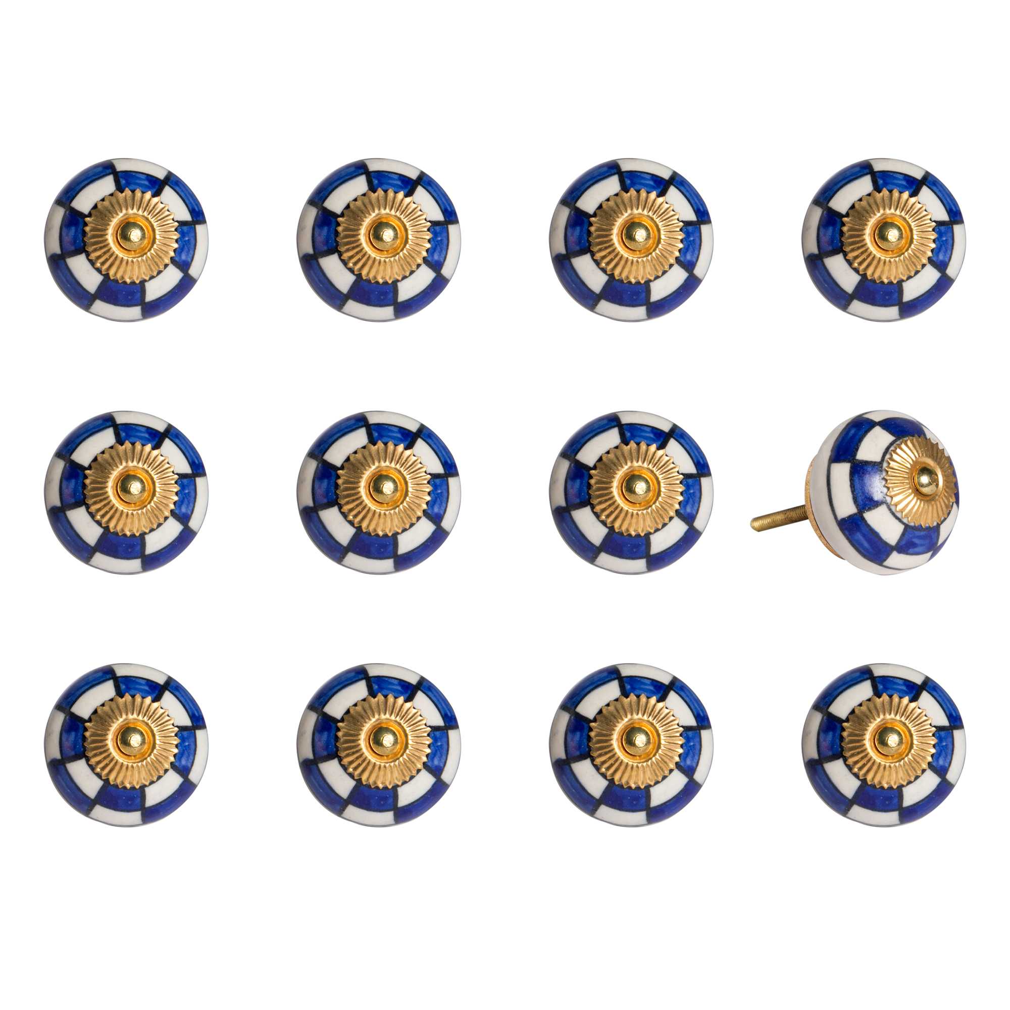 1.5" x 1.5" x 1.5" White Blue and Gold Knobs 12 Pack