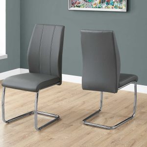 Two 77.5" Grey Leather Look Chrome Metal and Foam Dining Chairs