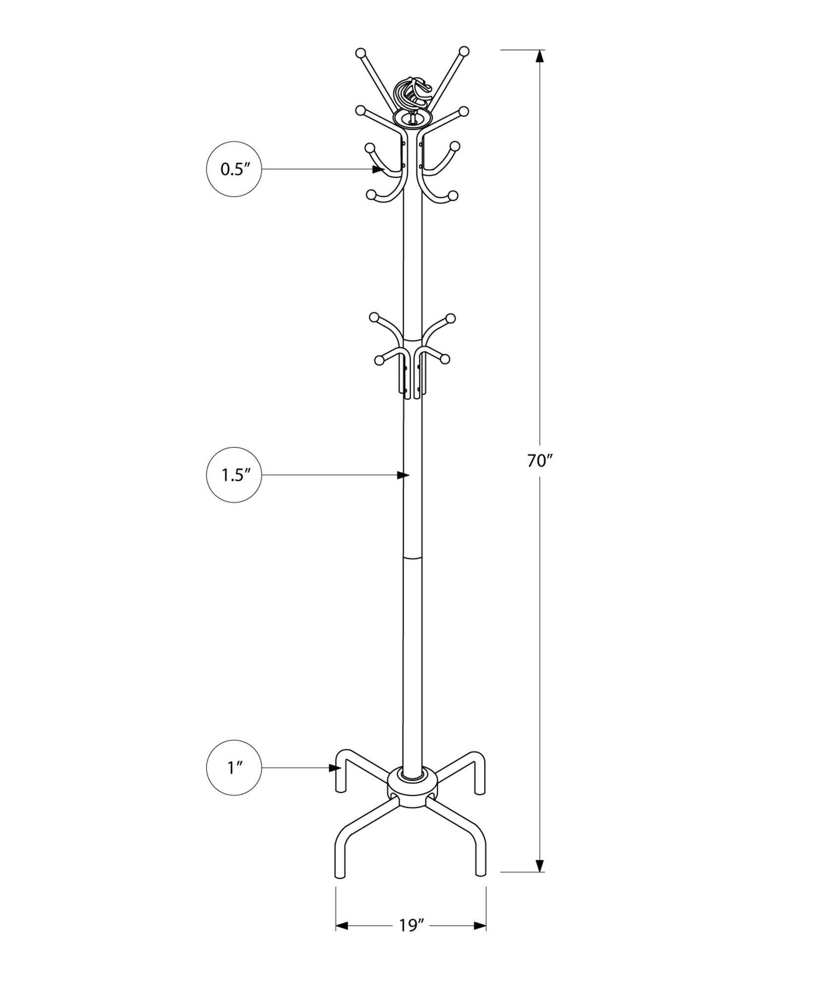19" x 19" x 70" Black Metal Coat Rack - Image 3