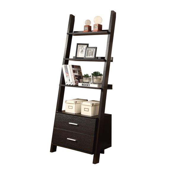 69" Cappuccino Particle Board Ladder Bookcase with Two Storage Drawers - Image 2