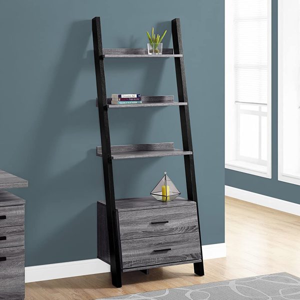 16.75" x 25.5" x 69" Grey Black Particle Board Hollow Core  Bookcase with 2 Storage Drawers - Image 5