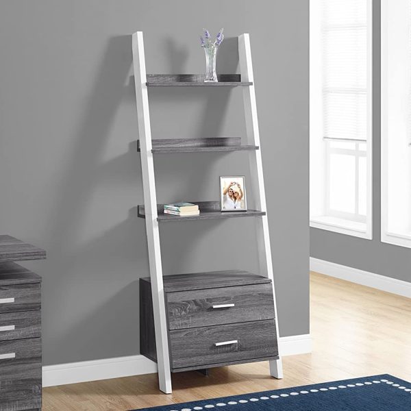 16.75" x 25.5" x 69" Grey White Particle Board Hollow Core  Bookcase with 2 Storage Drawers - Image 5