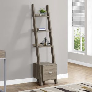 69" Dark Taupe Particle Board Ladder Bookcase with a Storage Drawer