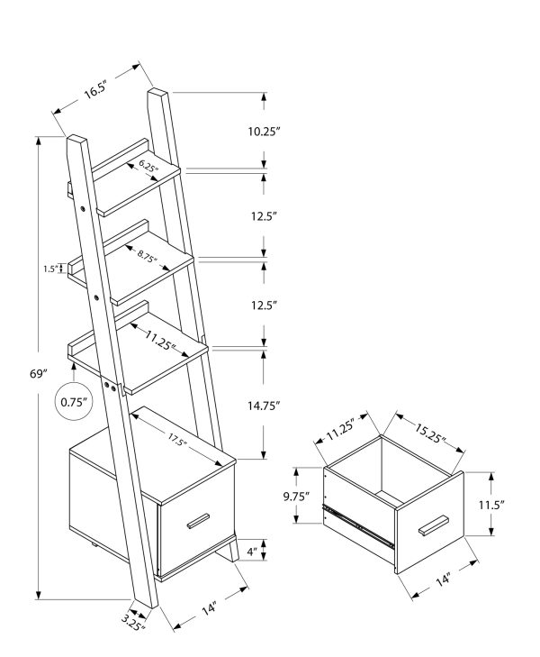 69" Dark Taupe Particle Board Ladder Bookcase with a Storage Drawer - Image 4