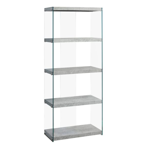 60" Grey Cement Particle Board and Clear Tempered Glass Bookcase - Image 2