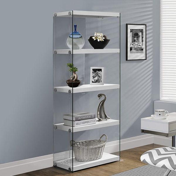 12" x 24" x 58.75" White Clear Particle Board Tempered Glass  Bookcase - Image 5