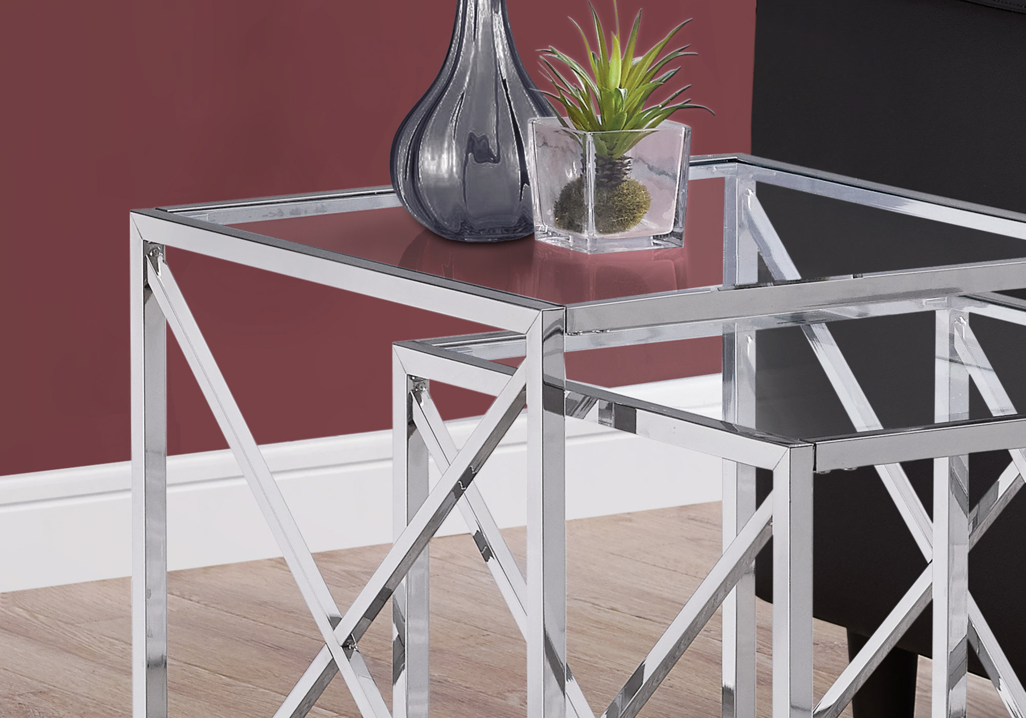 38" Chrome Metal and Tempered Glass Two Pieces Nesting Table Set - Image 3