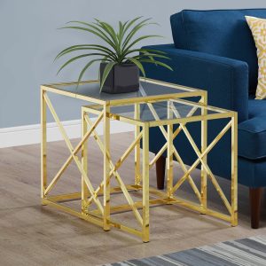 38" Gold Metal and Tempered Glass Two Pieces Nesting Table Set