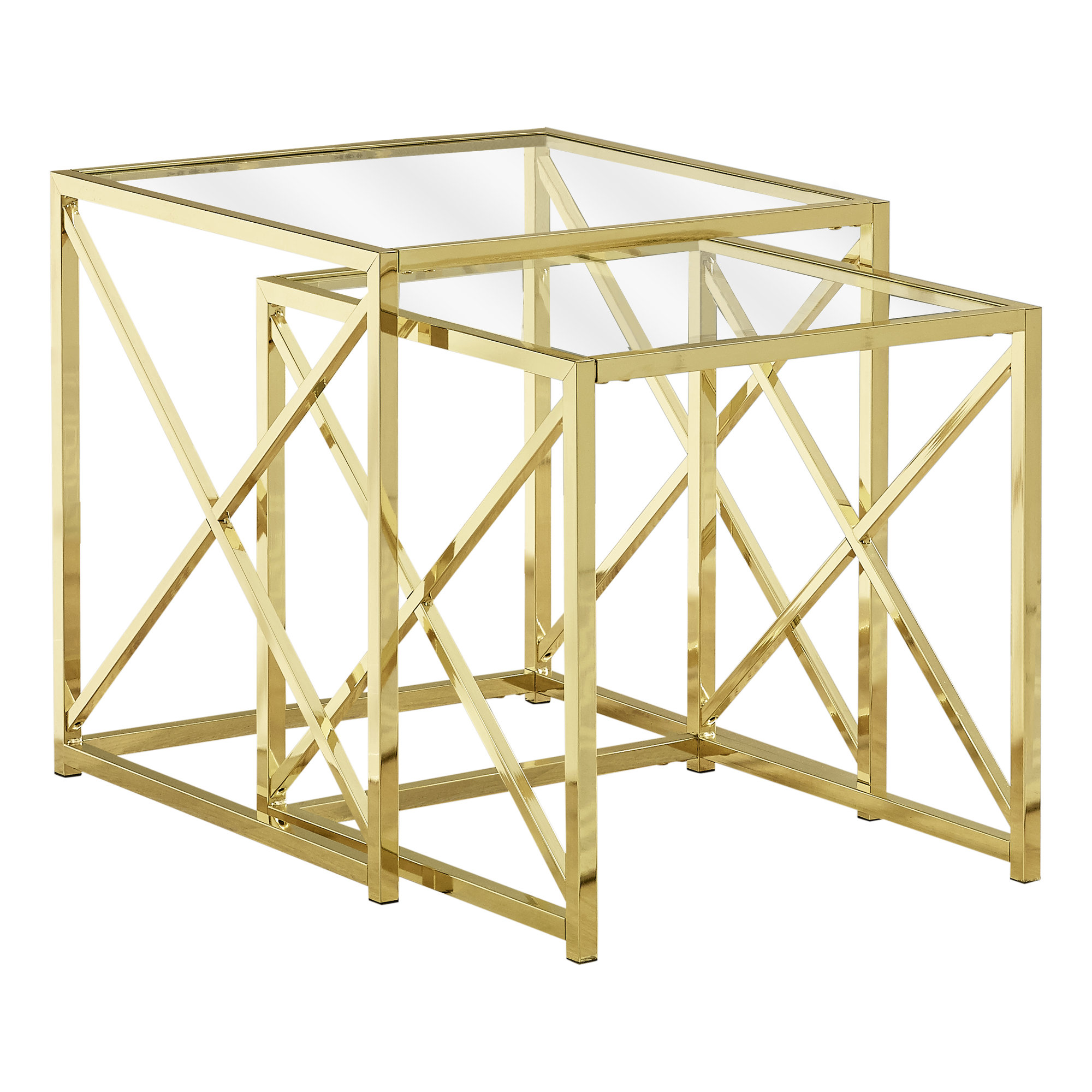 38" Gold Metal and Tempered Glass Two Pieces Nesting Table Set - Image 2