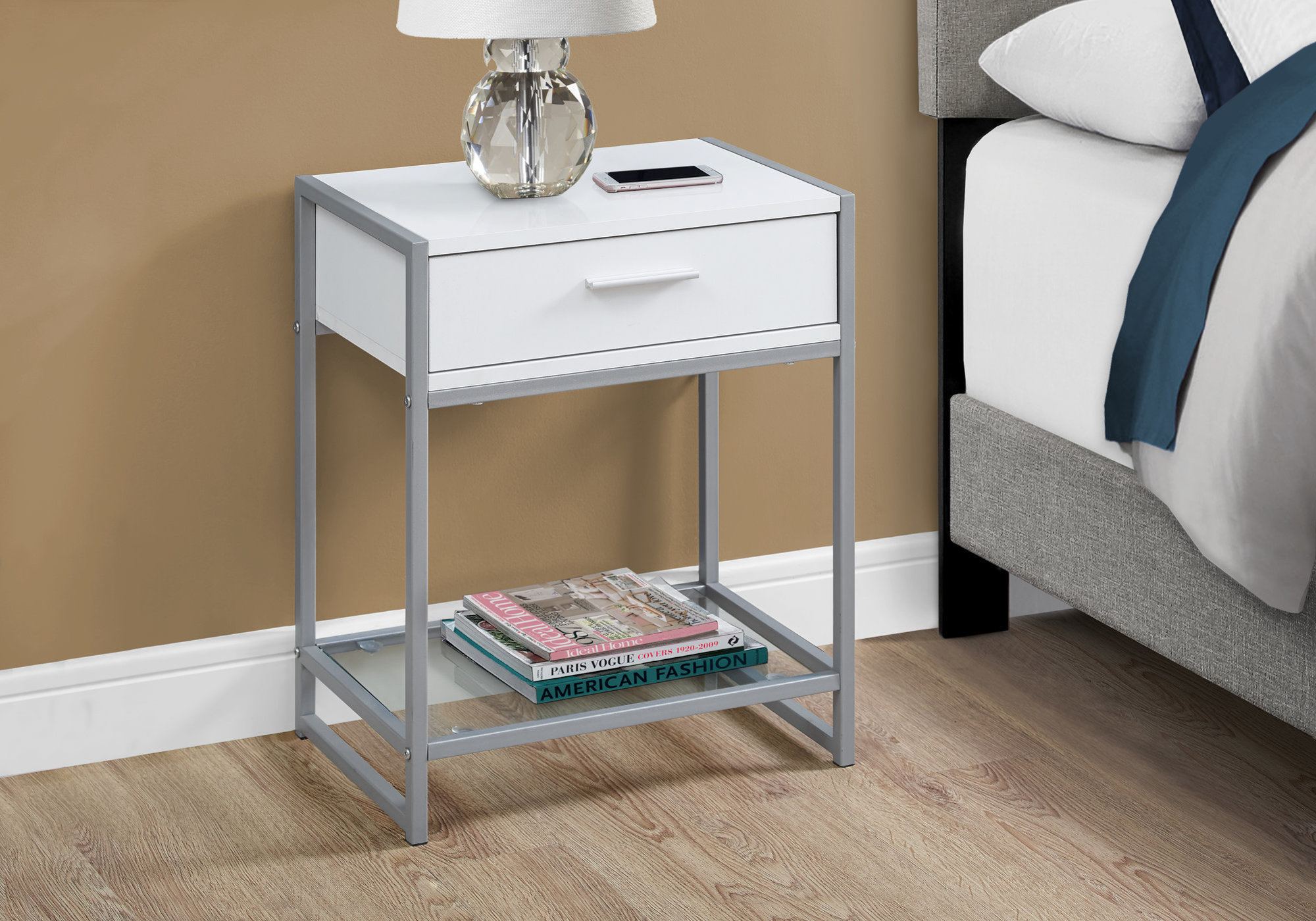 12" x 18" x 22.25" White Clear Silver Metal Tempered Glass Accent Table - Image 2