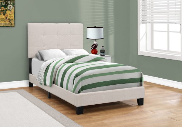 45.75" Beige Solid Wood MDF Foam and Linen Twin Size Bed - Image 3
