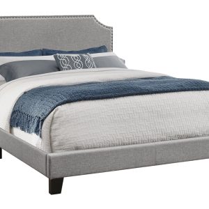 Gray Standard Bed Upholstered With Nailhead Trim And With Headboard