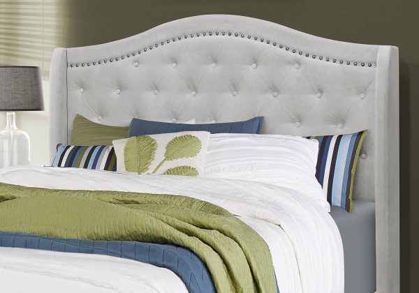 Tufted Light Gray Standard Bed Upholstered With Nailhead Trim And With Headboard - Image 2