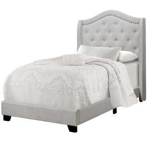 Tufted Light Gray Standard Bed Upholstered With Nailhead Trim And With Headboard