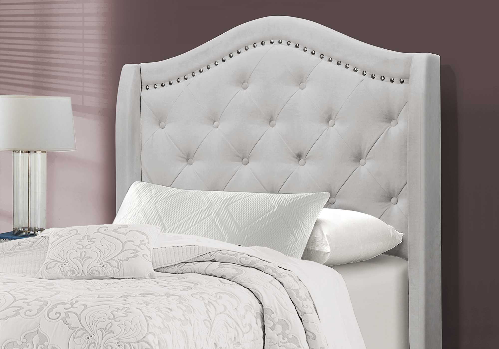 Tufted Light Gray Standard Bed Upholstered With Nailhead Trim And With Headboard - Image 2