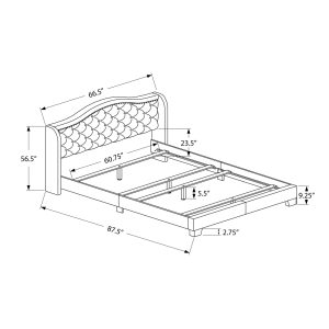 66.5" x 87.5" x 56.5" Dark Grey Foam Solid Wood Velvet Queen Size Bed With A Chrome Trim