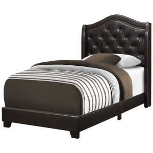 Tufted Brown Standard Bed Upholstered With Nailhead Trim And With Headboard
