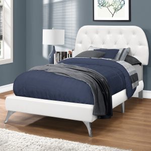 45.25" White Solid Wood MDF Foam and Linen Twin Sized Bed with Chrome Legs