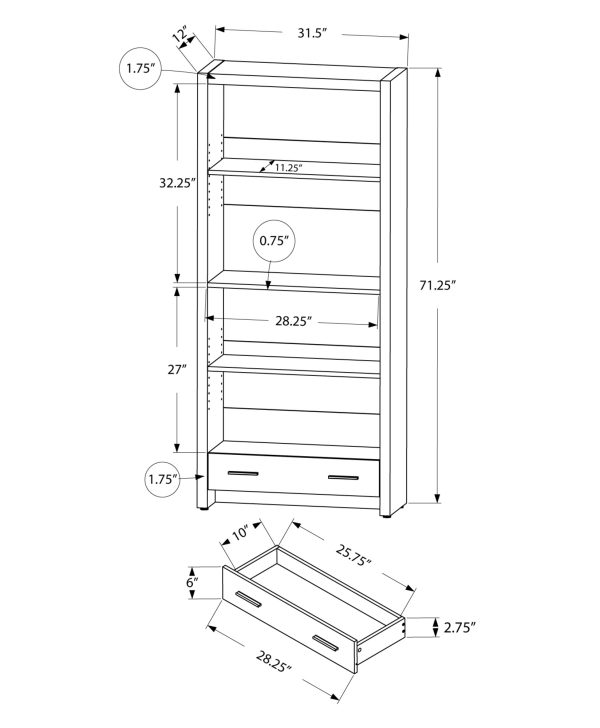 12" x 31.5" x 71.25" Dark Taupe Particle Board Hollow Core  Bookcase With A Storage Drawer - Image 3