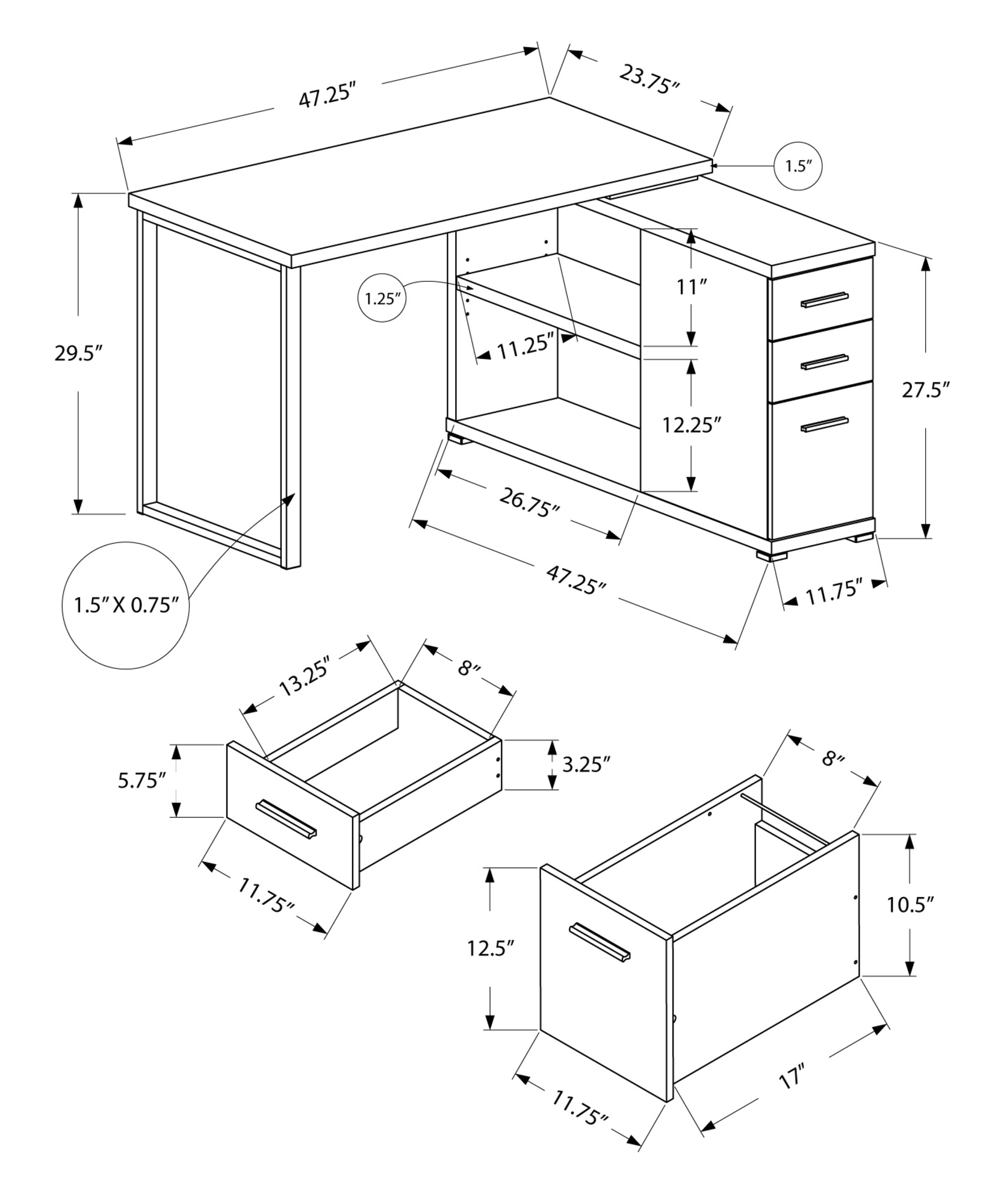 47" Grey L-Shape Computer Desk With Three Drawers - Image 3