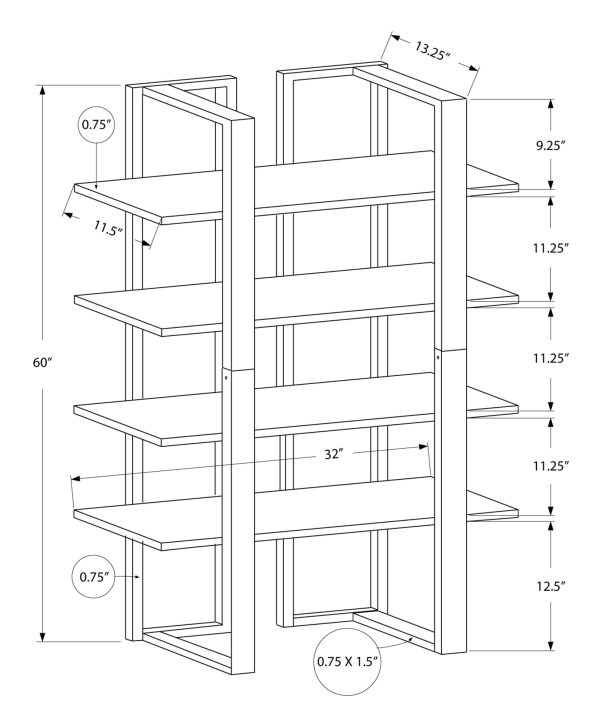 13.25" x 32" x 60" Cappuccino Silver Mdf Metal  Bookshelf - Image 3