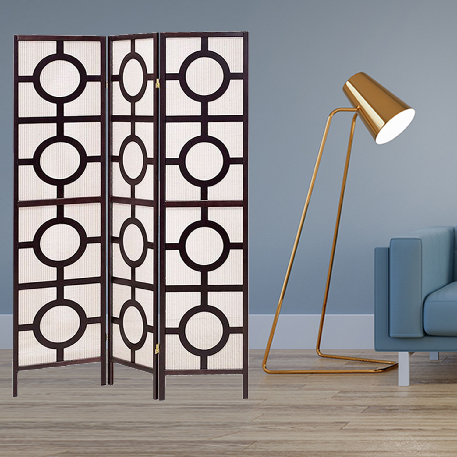 51" x 1" x 70" Brown Wood Jute Inlay 3 Panel Screen - Image 2