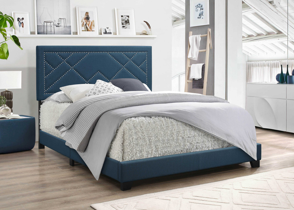 Dark Teal Standard Bed Upholstered With Nailhead Trim And With Headboard - Image 2