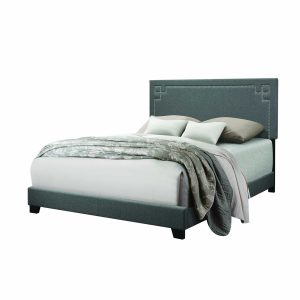 Gray Standard Bed Upholstered With Nailhead Trim And With Headboard