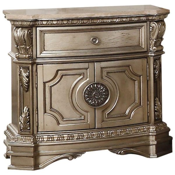 18" X 30" X 29" Antique Champagne Wood Poly Resin Nightstand wMarble Top