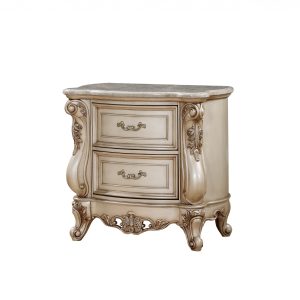 Antique White Wood Nightstand with 2 Drawers and Marble Top