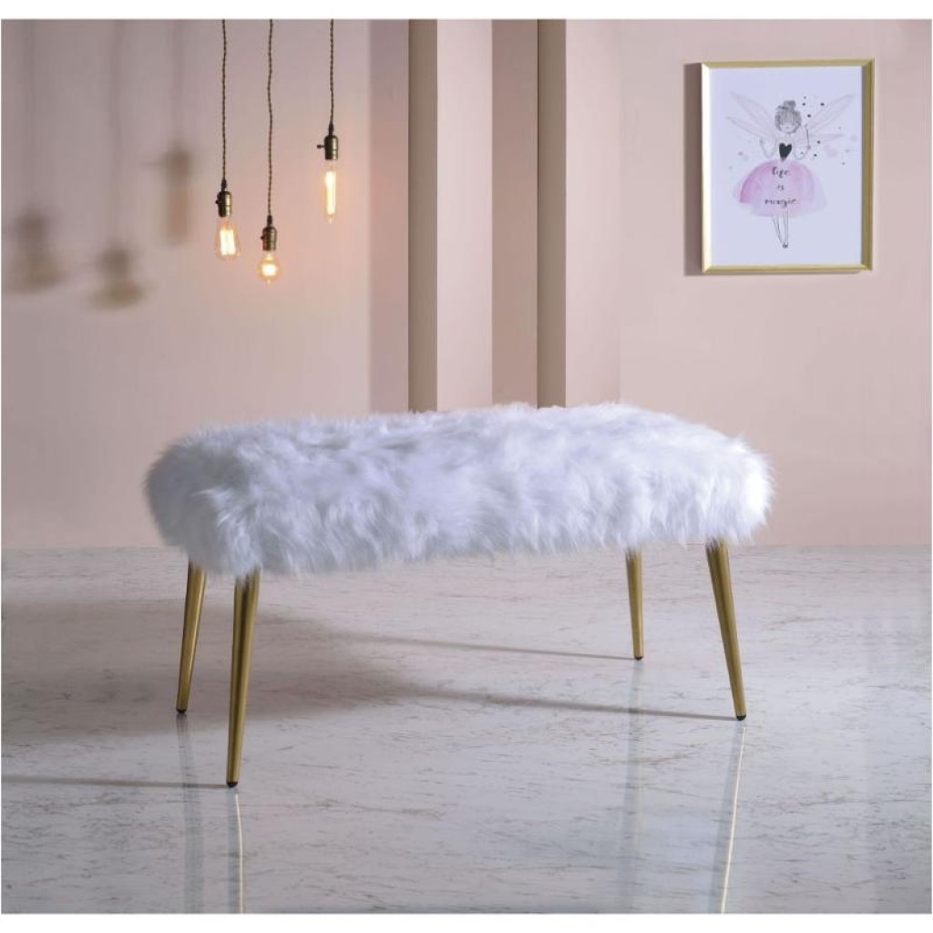 18" X 38" X 20" White Faux Fur Gold Metal Upholstered (Seat) Bench - Image 2