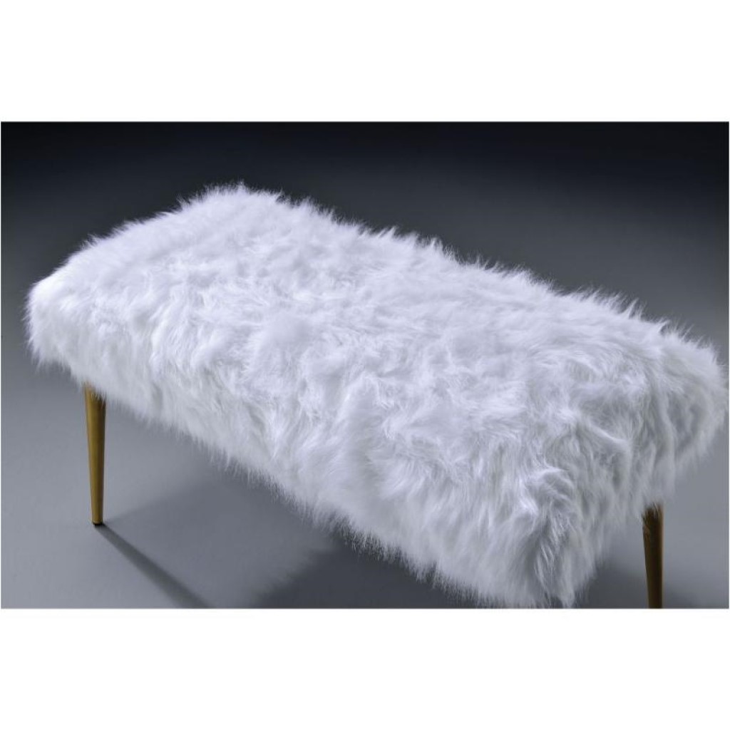 18" X 38" X 20" White Faux Fur Gold Metal Upholstered (Seat) Bench - Image 3