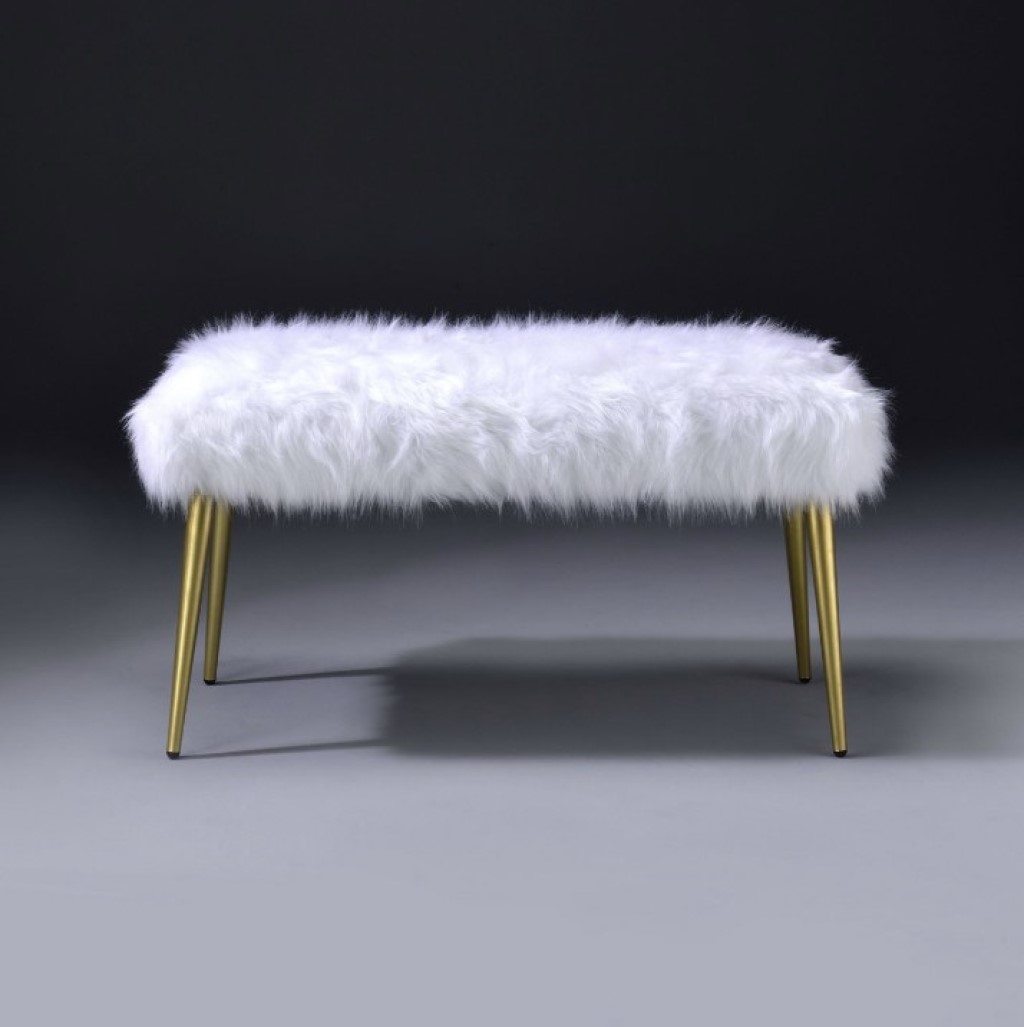 18" X 38" X 20" White Faux Fur Gold Metal Upholstered (Seat) Bench - Image 4